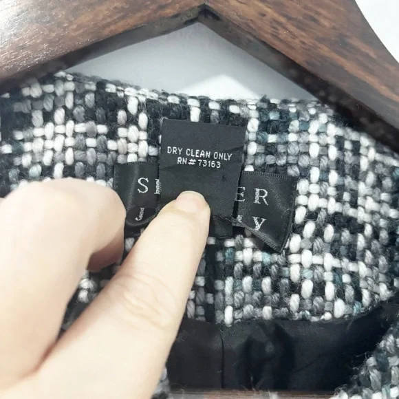 Spenser Jeremy Womens Tweed Blazer Jacket Black Gray White Fringe Open Front - Picture 5 of 9